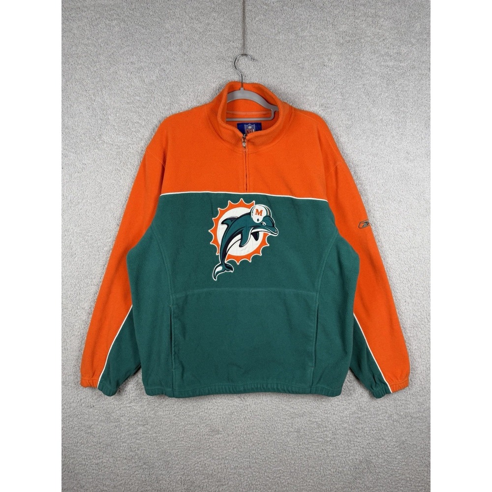 Reebok NFL Miami Dolphins 1/4 Zip Fleece Pullover Jacket Green Orange Men's L